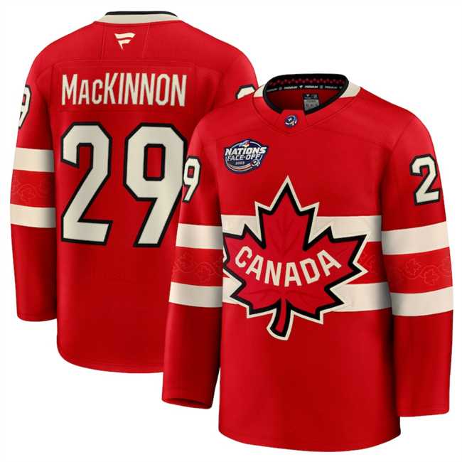 Men%27s Canada #29 Nathan MacKinnon Red 2025 4 Nations Face-Off Premium Stitched Jersey Dzhi